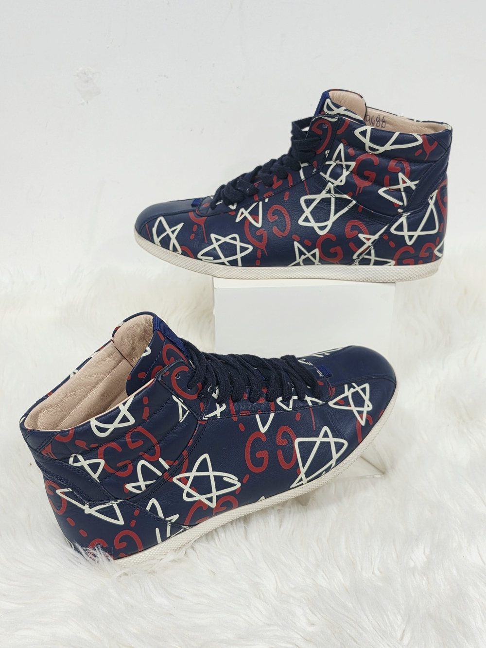 Gucci Navy High-Top Sneakers with Red & White Graphic Print